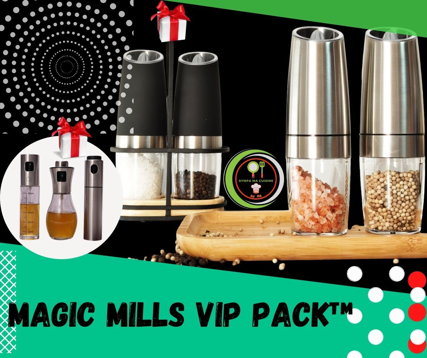 Magic mills vip pack™️ Set de deux moulins de cuisine électriques, adaptés pour moudre et saupoudrer sel, poivre et épices en tous genres. sympamacuisine