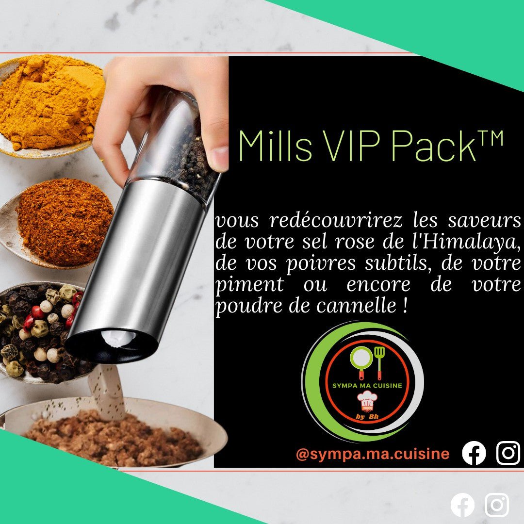 Magic mills vip pack™️ Set de deux moulins de cuisine électriques, adaptés pour moudre et saupoudrer sel, poivre et épices en tous genres. sympamacuisine