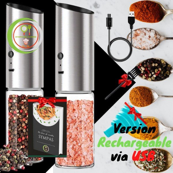 Magic mills vip pack™️ Set de deux moulins de cuisine électriques, adaptés pour moudre et saupoudrer sel, poivre et épices en tous genres. sympamacuisine