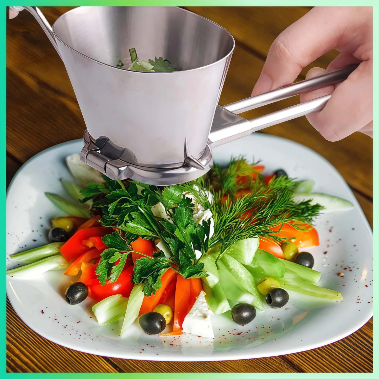 hachoir manuel AromaChopMinute persil herbes aromatiques sur salade