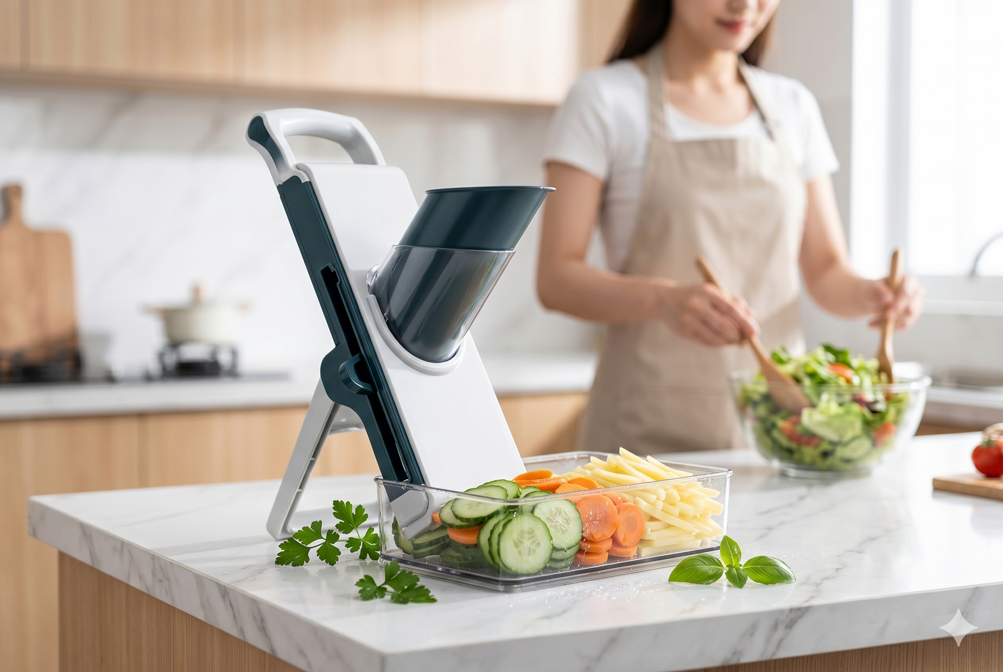 mandoline cuisine manDoSlice femme cuisine en arriere plan 