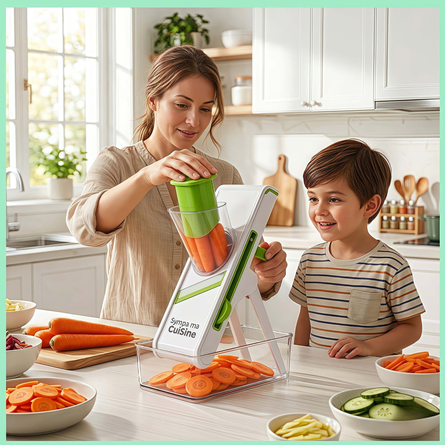 mandoline cuisine manDoSlice maman et son fils lutilisent souriant 