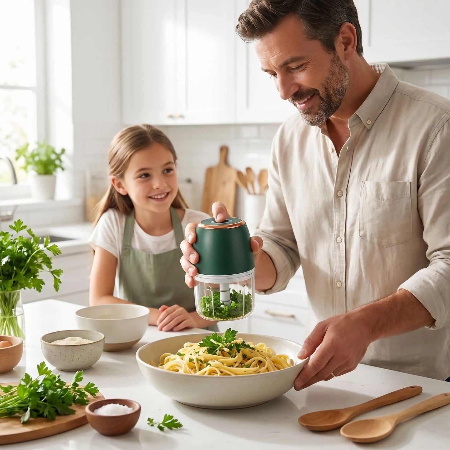 mini hachoir NutriChop papa petite fille contents