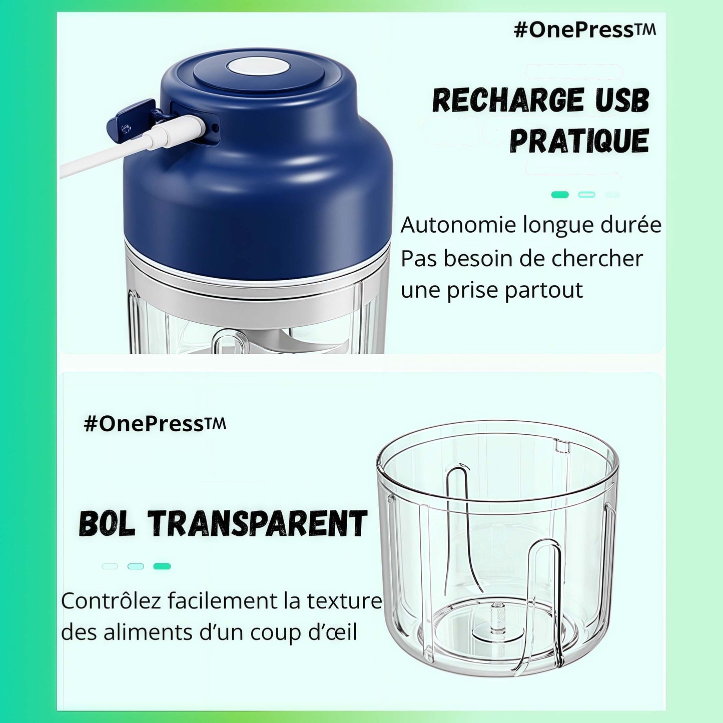 mini hachoir Oneprerss recharge usb pratique