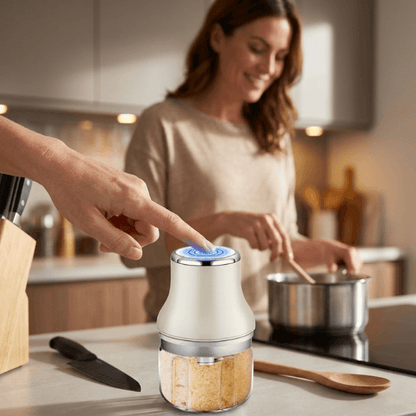 mini hachoir PixiChop femme en arriere cuisine qui cuisine