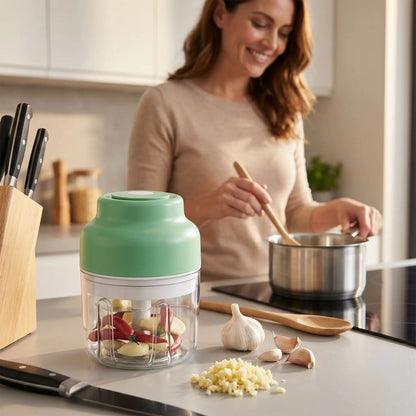 mini hachoir onepress femme cuisine e arriere plan
