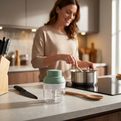mini hachoir sur plan de travail femme cuisine derriere
