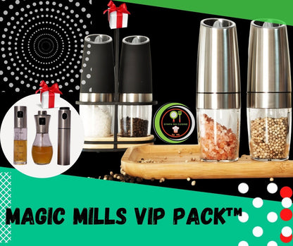 Magic mills vip pack™️ Set de deux moulins de cuisine électriques, adaptés pour moudre et saupoudrer sel, poivre et épices en tous genres. sympamacuisine