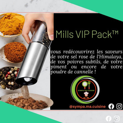 Magic mills vip pack™️ Set de deux moulins de cuisine électriques, adaptés pour moudre et saupoudrer sel, poivre et épices en tous genres. sympamacuisine